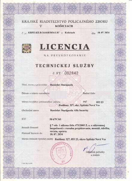 Licencia na prevádzkovanie technickej služby FT002842