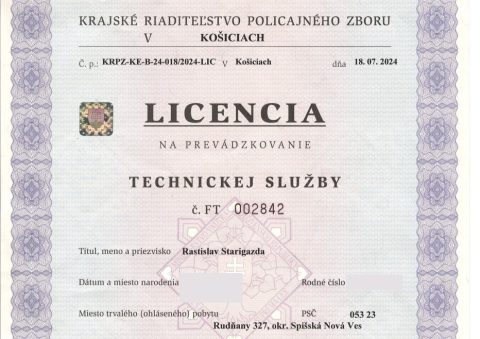 Licencia na prevádzkovanie technickej služby FT002842